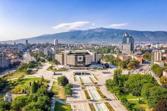 Aerial View of Sofia Cityscape with Mountains in the Background Aerial view of Sofia