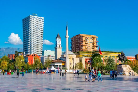 Skanderbeg Square on a sunny day in Tirana