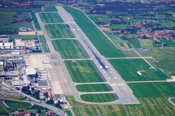 Torino caselle airport in Turin. View of the airport runway from top.