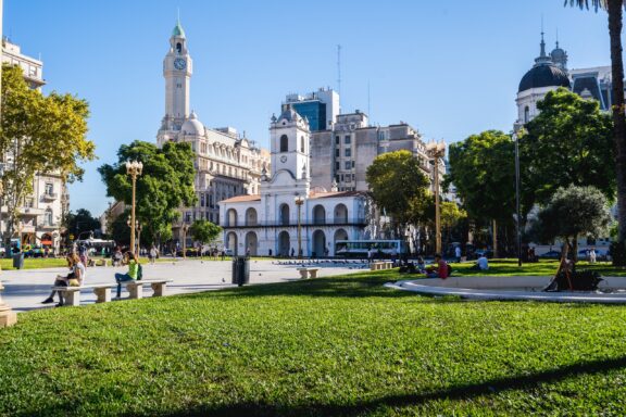 Sunny Day in Buenos Aires City Plaza Buenos aires argentina april 08 2019: tourists and citizen