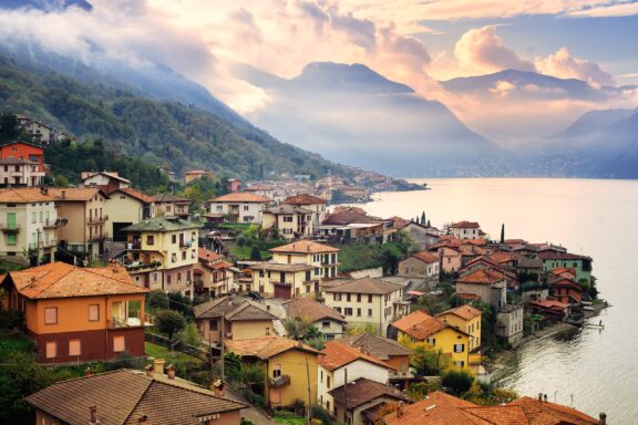 A view of houses on the shoreline of Lake Como in the Lombardy region of Italy.