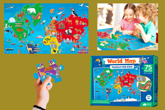 Children Playing with World Map Jigsaw Puzzle World Map Puzzle for Kids with 75 piece from Momo & Nashi. Showing the box and kids having fun with the puzzle.