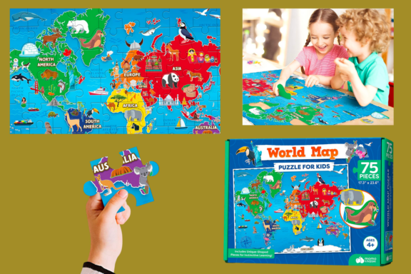 World Map Puzzle for Kids with 75 piece from Momo & Nashi. Showing the box and kids having fun with the puzzle.