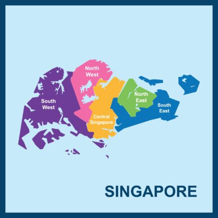 Color-Coded District Map of Singapore A vector map of Singapore and its five districts.