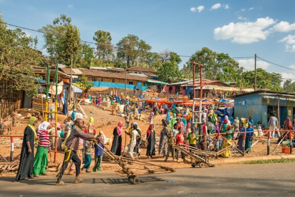 Bustling Street Market Scene Addis Ababa Merkato: Largest open market in Africa.