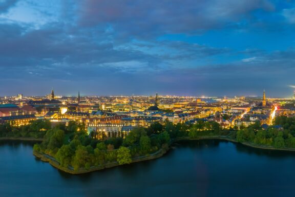 Aerial view of Copenhagen at night