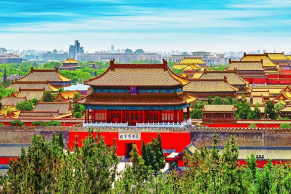 Jingshan park panorama above on the forbidden city beijing china