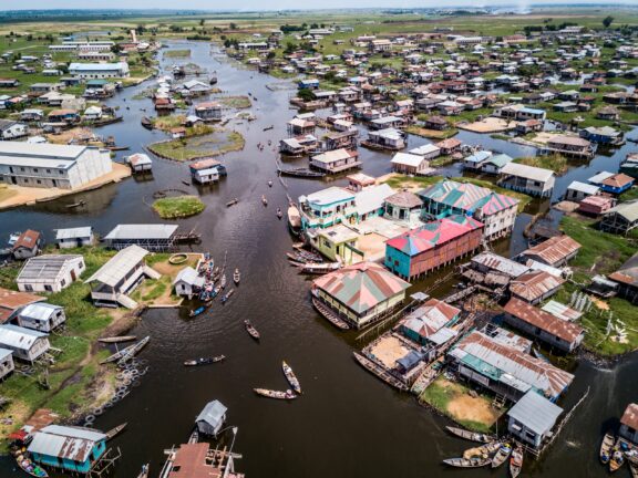 Aerial view of a lake city in Benin, Africa