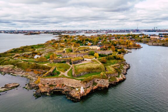 Aerial View of Coastal Fortress on Island Aerial view of Suomenlinna Fortress