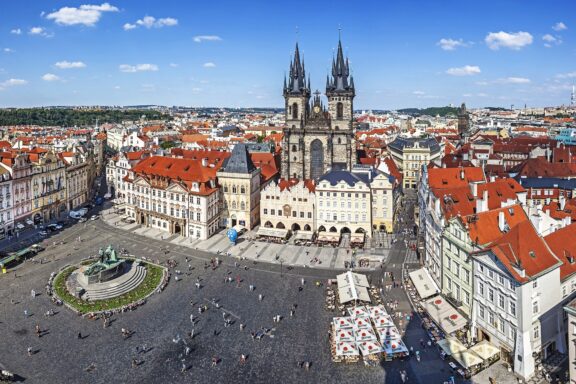 Aerial view of crowds in Old Town Square in Prague