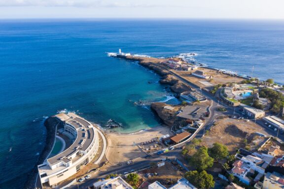 Aerial View of Coastal Town and Beach Aerial view of Prainha Beach and its surroundings