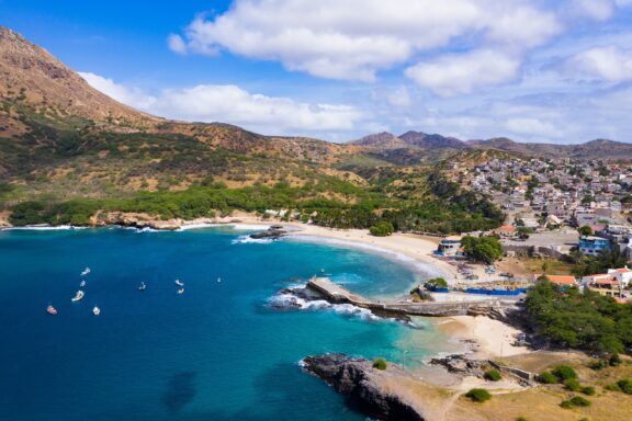 Aerial View of Coastal Town on Santiago Island Aerial view of Tarrafal beach in Santiago