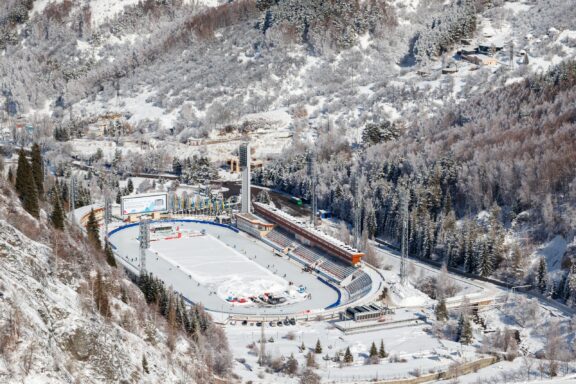 Aerial view The famous high-mountain sports skating rink Medeu.