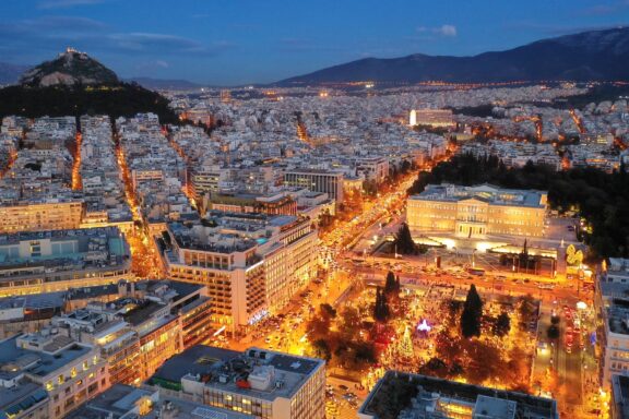 Aerial view of Athens at dusk