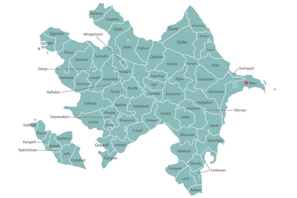 A vector map of Azerbaijan shows the borders of its 66 districts and 11 cities.