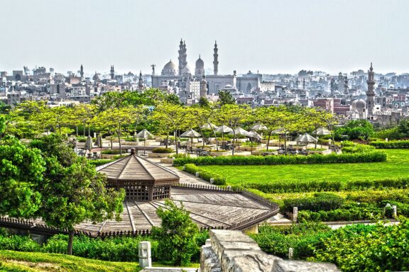 Al-Azhar Park Overlooking Cairo Skyline Aerial view of Al-Azhar Park in Cairo