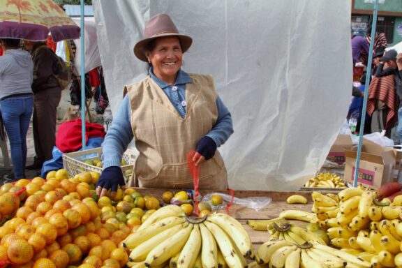 Ecuadorian ethnic woman with indigenous clothes selling fruits in a rural Saturday market on April 19, 2014 in Zumbahua village, Ecuador.