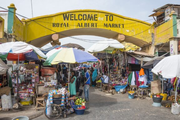 The entrance to the Royal Albert Market can be seen in Banjul, the capital of The Gambia.