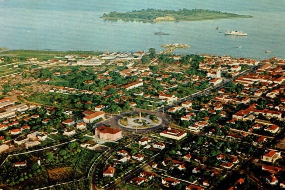 Aerial View of Coastal City Vintage photo of an aerial view of the features of Bissau
