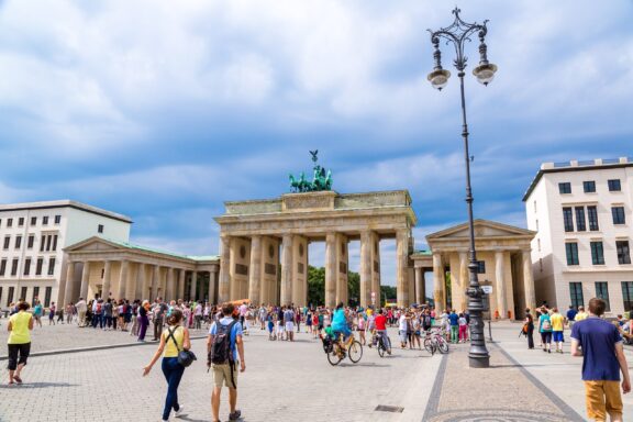 Crowds in the central district of Berlin near the Brandenburg Gate