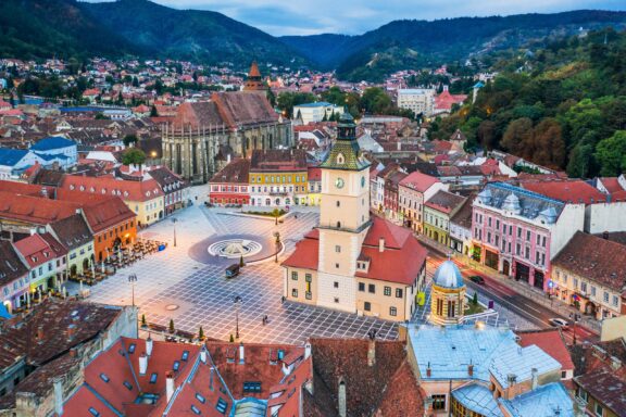 Aerial View of Brasov Town Square, Romania Brasov, Romania. Aerial view of the old town.