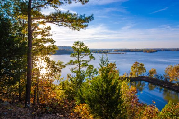 A view of water through trees in Cadron Settlement State Park in Conway, Arkansas.