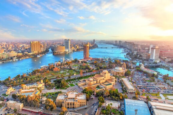 Aerial view of Cairo and Nile River on a sunny summer day