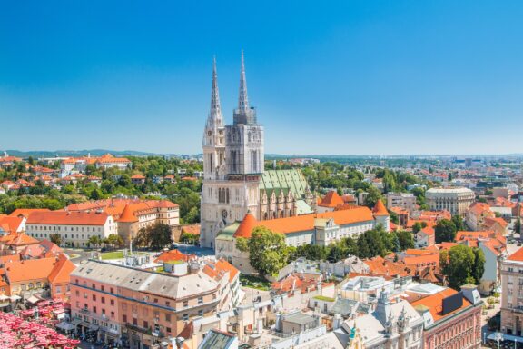 Aerial View of Zagreb Cathedral and Surrounding Cityscape Aerial view of Catherdal of Zagreb