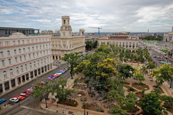 Central Park in Havana with Surrounding Buildings and Streets Aerial view of the Central Park in Havana