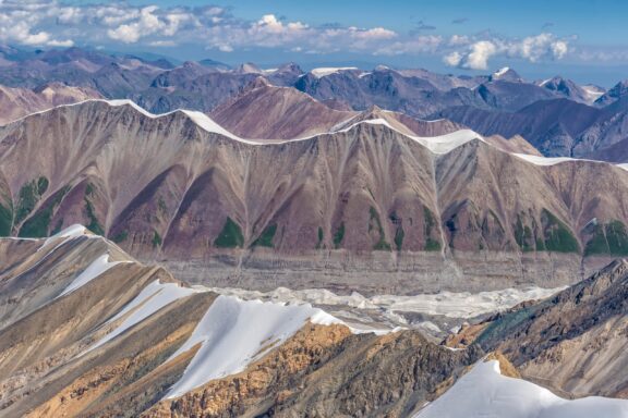 Aerial view over the Central Tian Shan Mountain range, Border of Kyrgyzstan and China, Kyrgyzstan.