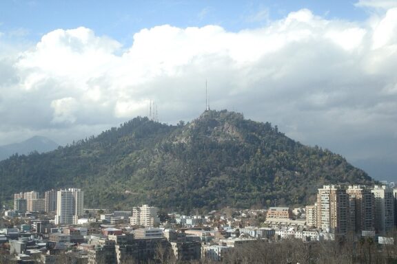 Distant view of Cerro San Cristobal hill in Santiago