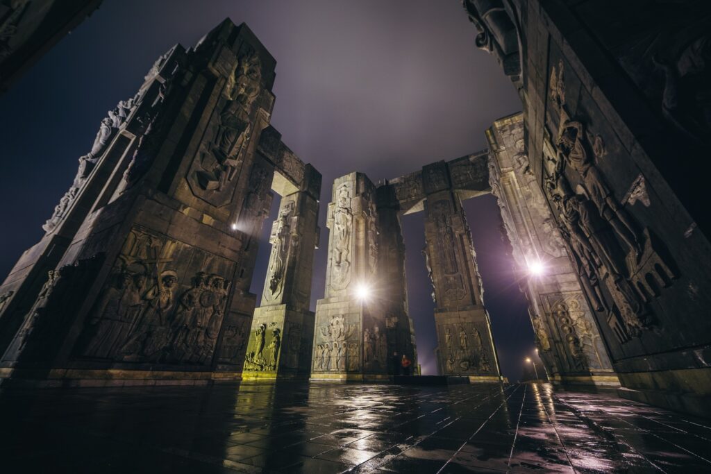 Night View of the Chronicle of Georgia Monument Chronicle of Georgia, created by Zurab Tsereteli