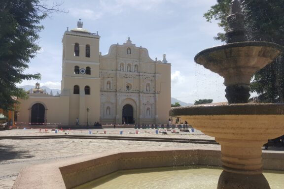 Fountain in Foreground with Colonial Church in the Background The Cathedral of the Immaculate Conception, built between 1634 and 1711