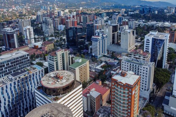 Aerial View of Urban Skyline in Guatemala City Commercial district in Guatemala City