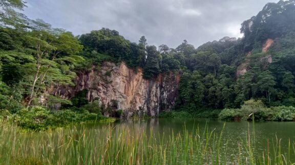 Serene Lake at Dairy Farm Nature Park in Singapore with Lush Greenery and Rocky Cliff A small body of water at Dairy Farm Nature Park in Singapore
