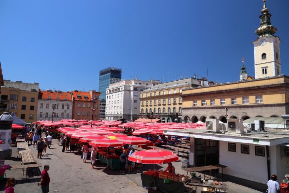Outdoor Market with Red Umbrellas Dolac Market in Zagreb