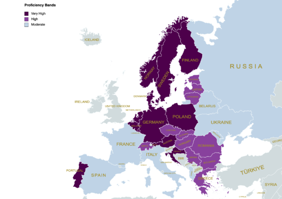 Map of English Language Proficiency in Europe English language proficiency in Europe - Countries divided in very high, high, and moderate.