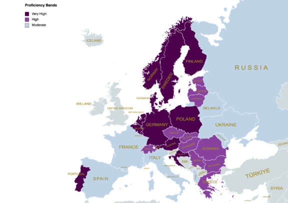 English language proficiency in Europe - Countries divided in very high, high, and moderate.