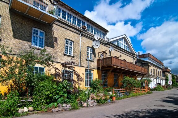 Colorful Buildings in Freetown Christiania Christiania the area occupied by hippies in copenhagen