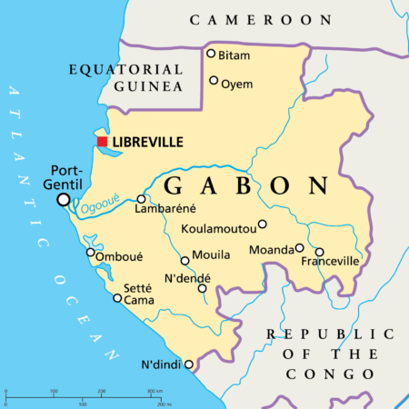 Map Highlighting the Capital of Gabon, Libreville Gabon Political Map with capital Libreville, national borders, most important cities, rivers and lake.