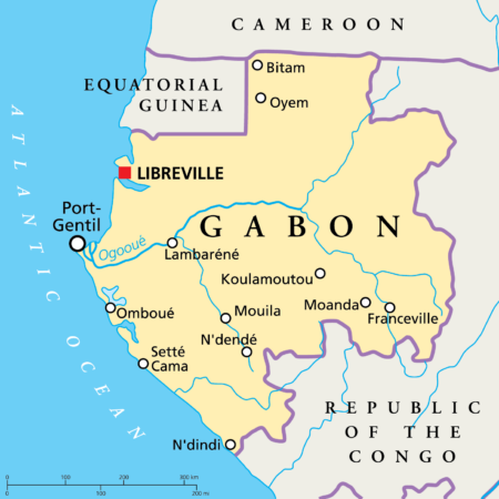 Gabon Political Map with capital Libreville, national borders, most important cities, rivers and lake.