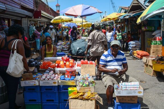 Busy Market Scene with Vendors and Shoppers Bustling markets in Georgetown, Guyana