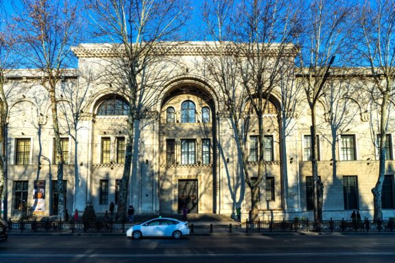 Facade of the Georgian National Museum at Dusk Entrance to the Georgian National Museum in Tbilisi