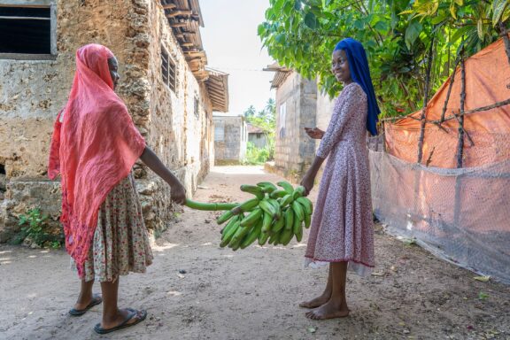 two african young girls carry a bunch of green bananas on the street of Zanzibar island, Tanzania, East Africa.