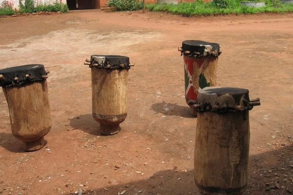 Traditional African Drums on Ground GItega drums in Gishora Drum Sanctuary