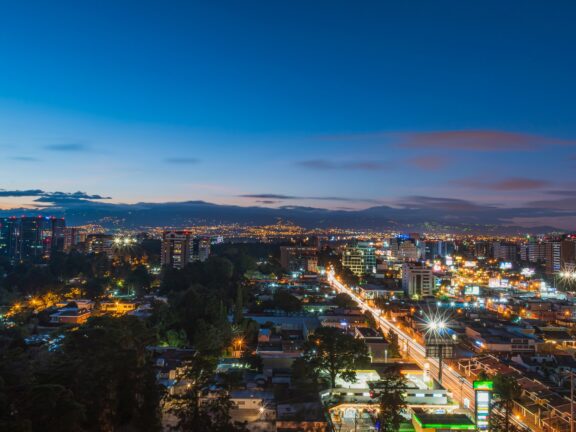Dusk Aerial View of Guatemala City Skyline of Guatemala City at dusk