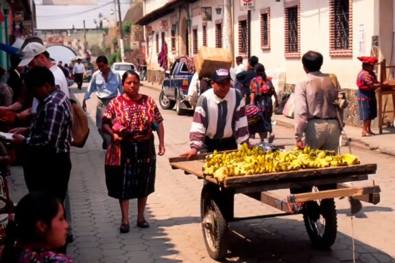 Central Market, Chichicastenango, Guatemala, Native Maya pushes a cart laden with bananas in April, 1999.