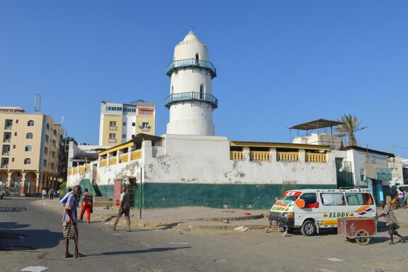 Mosque in Urban Setting with People and Vehicles Hamoudi Mosque in Djibouti