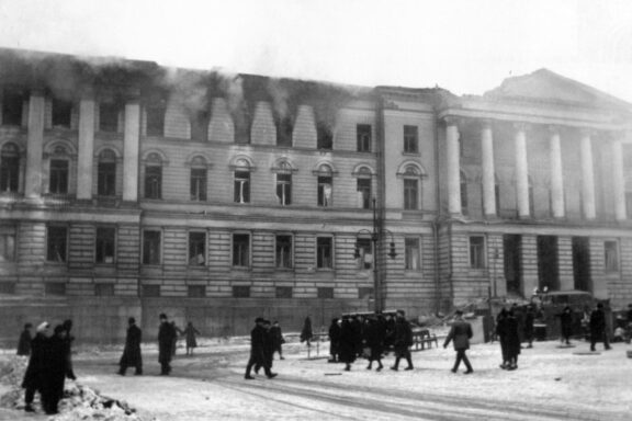 Helsinki University on fire after Soviet Union bombings in 1944