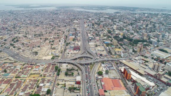 Aerial View of a Busy Overpass in Abidjan, Ivory Coast The town of marcory and the henry konan bedie bridge